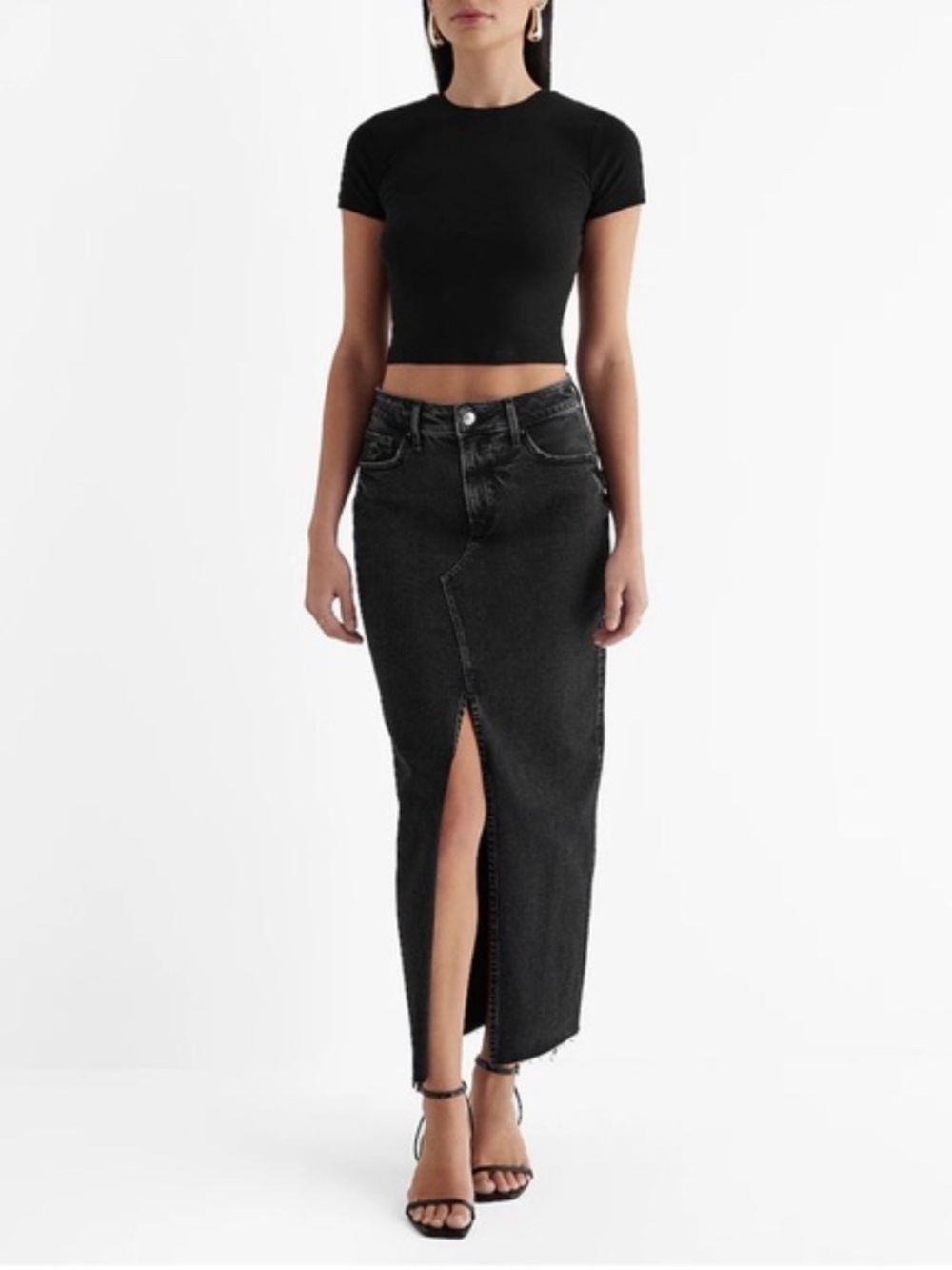 Express black denim raw hem skirt. Front slit. Size 4. Worn once.